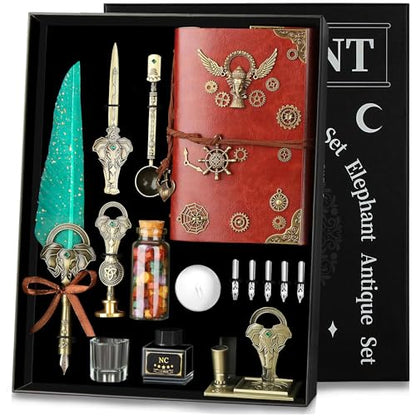 NC Quill Pen and Ink Set,with Quill Pen,Notebook,5 Replaceable Nibs,Ink,Pen Holder,Stamp,Spoon,Wax Beads, White Wax,Cup,Envelopes and Letter Paper Etc.Beautiful Gift Calligraphy Set.(Green) - color: Green