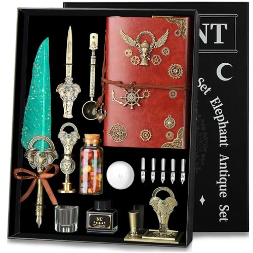 NC Quill Pen and Ink Set,with Quill Pen,Notebook,5 Replaceable Nibs,Ink,Pen Holder,Stamp,Spoon,Wax Beads, White Wax,Cup,Envelopes and Letter Paper Etc.Beautiful Gift Calligraphy Set.(Green) - color: Green