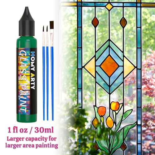 HOMY ARTY Glass Paint 20 Colors (1 fl oz Each) with 3 Brushes, Permanent No-Bake Acrylic Enamel Paint, Waterproof Stained Glass Paints, for Glass Painting, Ceramics, Light Bulbs and Windows