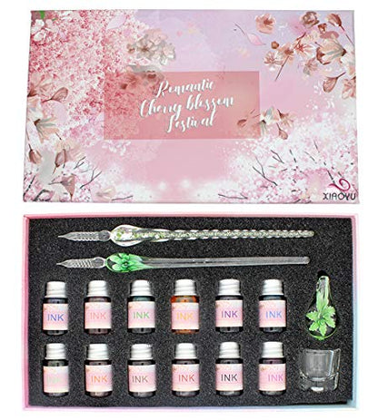 XIAOYU Glass Dip Pen Ink Set, 16 Pieces Calligraphy Pens Set - 12 Colorful Inks, Pen Holder, Cleaning Cup, 2 Crystal Glass Pens for Writing, Signature - Green - color: Green