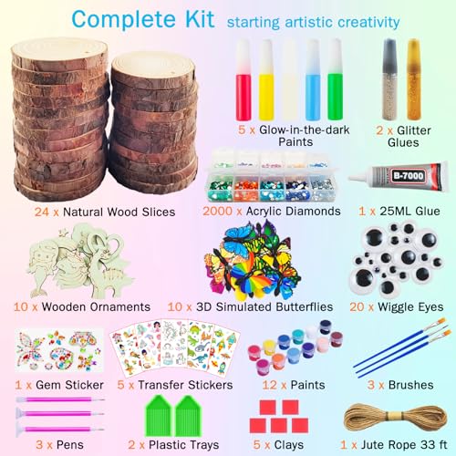 KIRKOTOY Wooden Crafts Kit for Kids-Glow in The Dark-Arts & Crafts Gifts for Boys Girls Age 6-12, 24 Wood Slices with Painting Craft Activities Kits, Creative Art Toys for 6 7 8 9 10 11 12 Year Old
