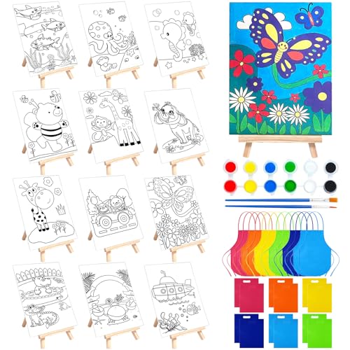48PCS 12 Sets Printed Canvas Paint Art 12 Pcs Wooden Easel Set Paint Pots and Brushes and 12 Pre Drawn Canvas Panel 12 Pcs Mini Apron and Tote Bag for Kids(Animal) - style: Animal