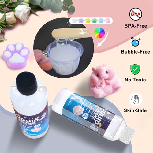Taba Squishies Kit – 18oz 1:1 AB Liquid Silicone DIY Set with Paw, Cat, Cheese & Hamster Molds, Flocking Powder, Mixing Tools, Bubble-Free Texture – Make Your Own Squishies for Stress Relief & Fun