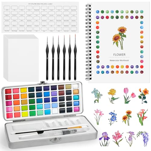 Watercolor Workbook for Beginners, 50 Colors Water Color Paint Set with Palette & Brushes, Adult Coloring Book with 12 Beautiful Flower Patterns of Original DIY Designs
