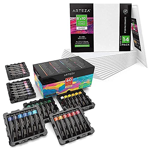 Arteza Acrylic Paint Set and Canvas Boards Bundle for Artist, Painting Art Supplies for Artist, Hobby Painters & Beginners