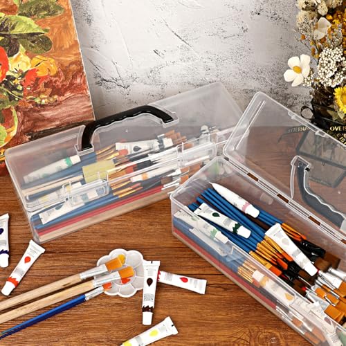 BTSKY 2 Pack Clear Plastic Painting Brush Container with Black Handle, Portable Long Paintbrush Case, Drawing Tools Storage Box, Practical Art Supply Organizer for Artist Crafters, 14"x4.7"x4.3"