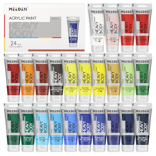 MEEDEN Heavy Body Acrylic Paint - Basic Satin Finish 24 x 60ml (2 oz) Color Paint Set for Adults - Rich Pigment Art Craft Paints for Canvas Clay Wood - color: 24 Colors, size: Set