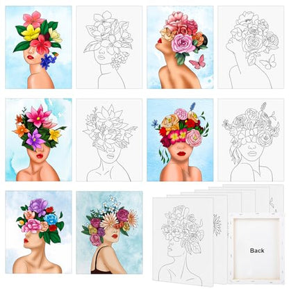 COCHIE 6 Pack 8x10 Inches Flower Girls Pre Drawn Canvas to Paint for Sip and Paint Party, Pre Printed Framed Canvases Set, Floral Girl Pre Sketched Canvas for Painting for Adults Kids - style: Flower Girl