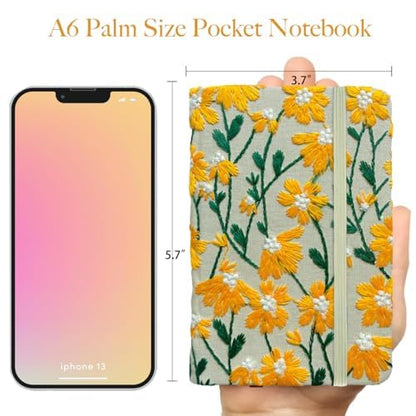 Daisy Gifts for Women, Flower Embroidered Journal, Pocket Sketchbook, A6, Small Unlined Notebook 4x6, Hardcover, Lay Flat, Elastic Band, Cute Notebooks, Pretty Journal, Yellow Daisy - color: A6-Band-Yellow, style: Minimalist