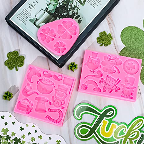 Whaline 3Pcs St. Patrick's Day Fondant Molds Shamrock Hat 3D Silicone Moulds Leprechauns Gnome Shoes Clover Shoes Pattern Resin Mold Cupcake Cookie Baking Decorating Mould for Irish Holiday DIY Candy - style: Shamrock
