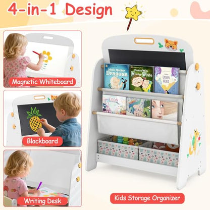 HONEY JOY Kids Art Easel, Wooden Double-Sided Toddler Table & Chair Set w/Adjustable Magnetic White Board & Chalkboard, Bookshelf & Storage Bin, Arts & Crafts (Natural + White) - color: Natural + White