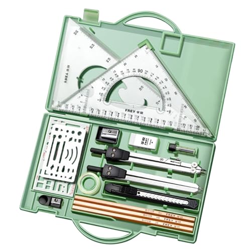 Professional Geometry Set(16Pcs) - Geometry Kit For Artists And Students | Geometry Set With Metal Rulers | Triangle Ruler Compass Protractor Set | Architecture Drawing Pencils Drafting Set - color: Green