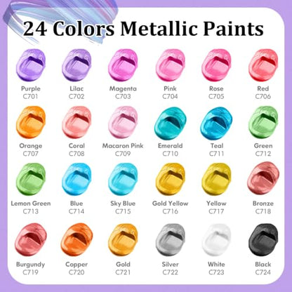 Caliart 24 Metallic Acrylic Paint Set with 12 Brushes | Craft Painting kit for Adults Artists Beginners, Rich Pigment Non-toxic, Canvas Wood Rock Pumpkin Ceramic Art Supplies Paint - color: Metallic, size: 2 Fl Oz (Pack of 24)