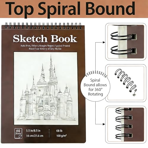 Sketch Book, Top Spiral Bound Sketch Pad, 100 Sheets 68lb/100gsm Drawing Paper, Acid Free Art Sketch Book Artistic Drawing Painting Writing Paper for Beginners Artists (1 Pack, 5.5"x8.5")
