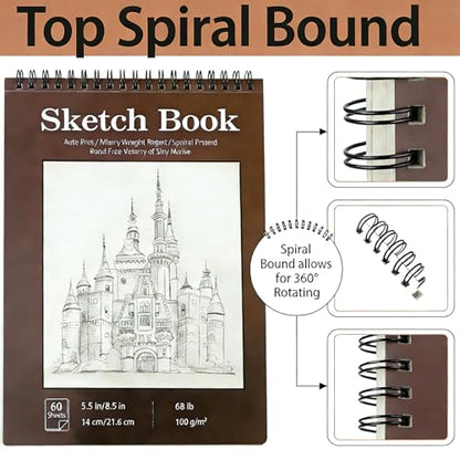 Sketch Book, Top Spiral Bound Sketch Pad, 100 Sheets 68lb/100gsm Drawing Paper, Acid Free Art Sketch Book Artistic Drawing Painting Writing Paper for Beginners Artists (1 Pack, 5.5"x8.5")
