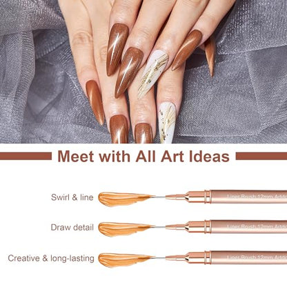 Artdone Metallic Nail Art Pens, Liner Brushes Set, 5PCS Gold Nail Tools | For Long Lines, Thin Details, Fine Drawing, Liner Brush UV Gel Polish Painting Nail Design Sizes 5/8/12/20/25mm - color: Copper Liner Brush Set