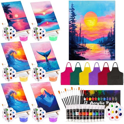 Cholemy 6 Set Paint and Sip Kit for Adults 8"x 10" Pre Drawn Canvas Painting with Wooden Easel Acrylic Paint Wash Cup Brushes Palette Apron for Painting DIY Adult's Date Party Supplies(Sunset Glow) - style: Sunset Glow