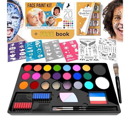 Face Paint Kit for Kids – 20 Washable Colors, Guaranteed Stain-Free, Paints 60+ Faces, Hair Chalk, Glitter, Brushes, Stencils, Non-Toxic, Perfect for Birthdays, Halloween, Parties - size: 107 Pieces