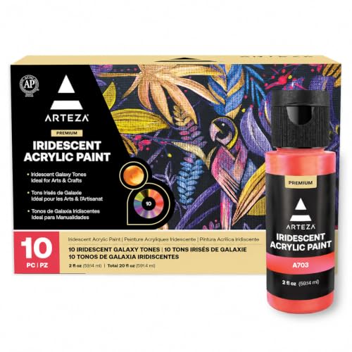 ARTEZA Iridescent Acrylic Paint Set, 10 Galaxy Tones, 60 ml / 2 fl oz Bottles, Shimmer Water-Based Paints for Canvas, Wood, Rocks, Fabric, Paper, and Mixed Media - style: 10 x 60ml (2 fl oz) Galaxy Tones