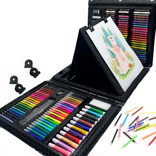 DLUCKY 208 PCS Art Supplies, Drawing Art Kit Adults for Kids Art Set,Black | with Double Sided Trifold Easel, Oil Pastels, Crayons, Colored Pencils, Watercolor Pens Gift for Girls Boys Artist - color: BLACK