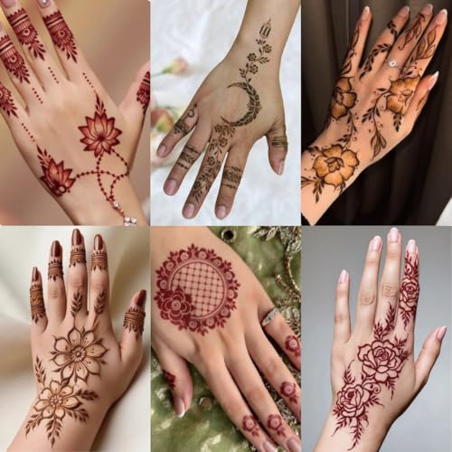 Xmasir 14 Sheets Henna Tattoo Stencils Kit, Flower Temporary Tattoos Template Airbrush Indian Hands Forearm Body Art Tattoos for Girls and Women Wedding and Party - size: 14P