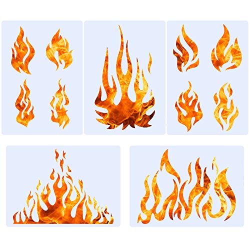 5 Sheets Flame Stencil Airbrush Flame Fire Stencil Fire Reusable Templates Painting Decor Template for Arts Window Wall Crafts Painting Decorations(7.9 x 5.5 Inch) - size: 7.9 x 5.5 Inch