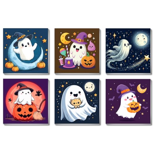 FQOVKYN 6 Pcs Framed Halloween Paint by Numbers Kits for Beginners, Ghosts Adults' Paint-by-Number Kits on Canvas, Easy Acrylic Oil Painting by Number for Gift Home Decor 8x8 inchs - color: BKH2505-BKH2510-US