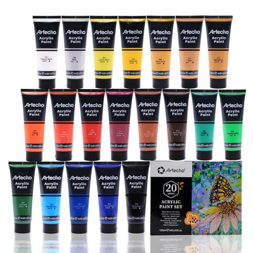 Artecho Professional Acrylic Paint Set, 20 Primary Colors (120ml / 4.05oz) Tubes, Art Craft Paints for Canvas, Rock, Stone, Wood, Fabric, Art Supplies - color: 20 Basic Colors, style: Regular