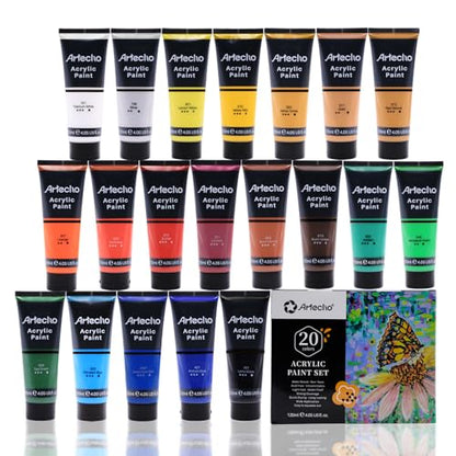 Artecho Professional Acrylic Paint Set, 20 Primary Colors (120ml / 4.05oz) Tubes, Art Craft Paints for Canvas, Rock, Stone, Wood, Fabric, Art Supplies - color: 20 Basic Colors, style: Regular