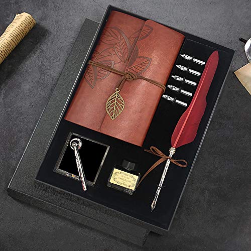 GCCL Feather Quill Pen and Ink Set – Vintage Calligraphy Writing Kit with 5 Nibs, Journal Notebook, Ink Bottle, Pen Holder, Gift Box for Men and Women (Red) - color: Red