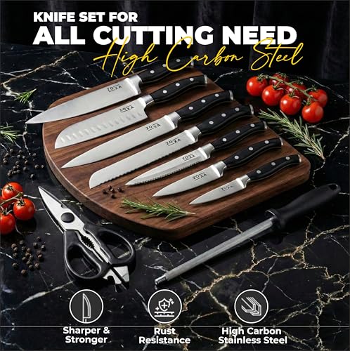 Kitchen Knife Set with Block, 15-Piece Stainless Steel Chef Knife Set, Kitchen Knives with Steak Knives, Honing Rod & Kitchen Scissors, Knife Block Set