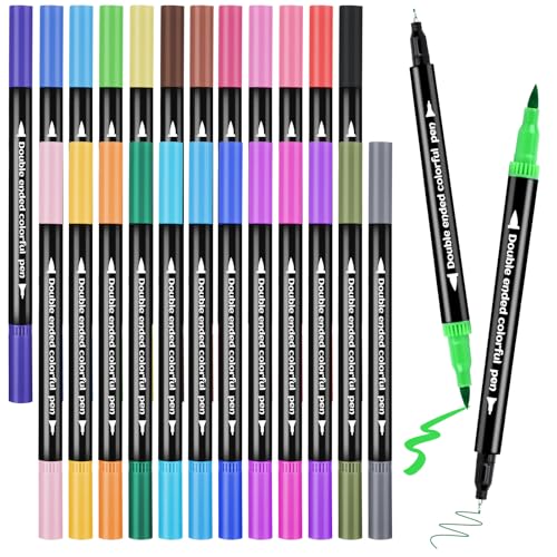 24Color Dual-Tip Art Markers Set, Fine & Brush Tips for Adult Coloring Books, Watercolor & Drawing Pens, Artist Marker Pens for Illustration, Sketching, Journal
