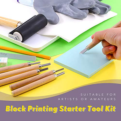 Swpeet 24Pcs Block Printing Starter Tool Kit, Rubber Stamp Carving Blocks, Ink Roller, Carving Tools, Gloves, Tracing Papers and Ink Mixing Tray for Stamp Carving