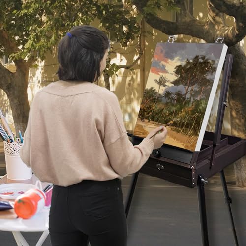 CONDA 70” Art Set with French Easel of Aluminum Legs, Folding Sketch Painting Easel with Drawer, Tripod Easel Stand for Painting, Sketching, Display - color: Upgraded Version-Brown