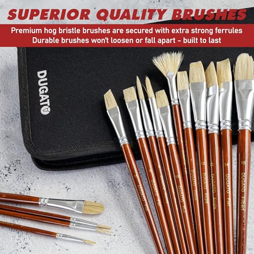 DUGATO Paint Brush Set 15 pc with Pop-Up Case, Palette Knife & Sponges | Short Handle Hog Bristle Brushes for Oil, Acrylic, Gouache, Watercolor, Model & Craft, Includes Mixing Knife & Sponge - color: White Hog Hair - 15pcs