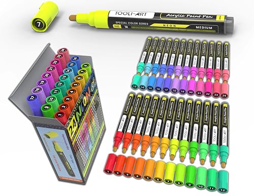 24 Neon Fluorescent Acrylic Paint Pens Medium Special Color Series Markers Set 3mm Tip, Rock Painting, Glass, Mugs, Wood, Metal, Canvas, DIY Projects, Detailing. Non Toxic, Waterbased, Quick Drying - color: NEON M