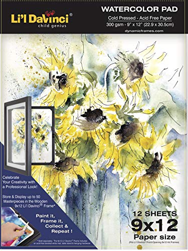 Li'l Davinci 9x12 Watercolor Pad, 12 Sheets, 300gsm Cold Pressed, Acid-Free, Heavyweight Paper, Professional-Grade Paper for Watercolor, Ink, and Mixed Media, Great for Artists of All Ages, 1 Pad