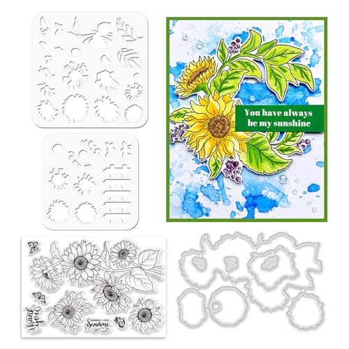 ORIGACH Realistic Sunflower Stamps and Dies and Layering Coloring Stencil Set, Silicone Stamps Metal Die Cut and Flower Stencil Template for Card Making Scrapbooking DIY Crafting - color: Sunflower