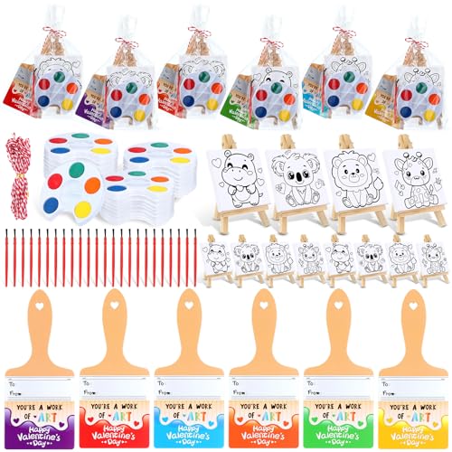 Skyygemm 24 Sets Valentines Day Gifts for Kids Valentines Cards Mini Painting Canvas Panel with Wooden Easel Watercolor Paints Brush Kit for School Classroom Exchange Gifts(Animal) - style: Animal
