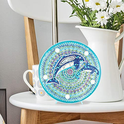 YOBEYI DIY Diamond Painting Lamp with LED Lights Full Drill Crystal Drawing Kit Bedside Night Light Arts Crafts for Home Decoration or Christmas Gifts 6.0x6.0inch (Dolphin)