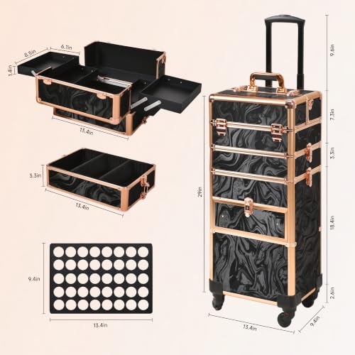 Somduy Rolling Makeup Case with Drawer, Makeup Train Case, Cosmetology Case on Wheels for Salon Barber, Rose Gold Black - color: Rose Gold Black