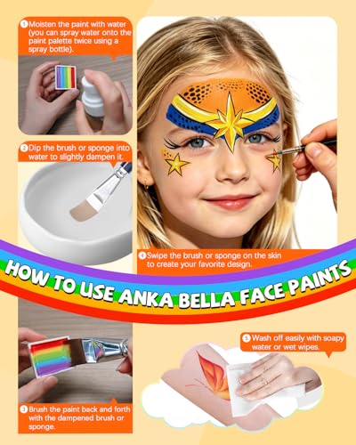 Anka Bella Face Paint Kit for Kids – 12 Colors Water Based Face Paint Palette with Brushes & Stencils, Non Toxic Washable Body Paint for Halloween, Birthday Party, Carnival, Cosplay Makeup - color: HeroVibe Palette