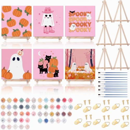 YooNotee 6 Pack Ghost Paint by Numbers Kit on Canvas with Wooden Easels & Brushes, 12x8 Inch Halloween Canvas Art Set for Adults Easy Acrylic Paint Kit Beginner for Halloween Home Decor (Pumpkin) - style: Pumpkin