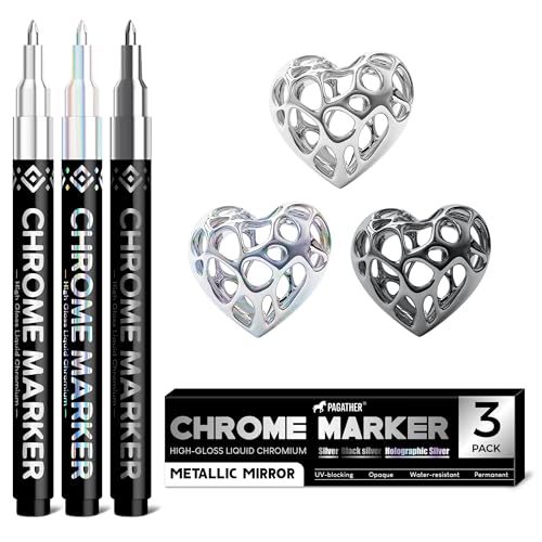Pagather 3 Colors Chrome Paint Markers, Light, Black and Laser Silver Permanent Mirror Liquid Chrome Pens for Plastic, Metal, Model, Jewelry, Wheel Painting, Touch Up & Repair Kit, DIY Art Projects - style: Bright, Deep, and Iridescent Silver