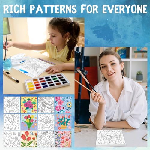 Honoson 6 Pcs 6 Inch Pre Drawn Outline Canvas Paint Kit with Pictures for Adults Paint Party Stretched Canvas Art Boards Set for Adult Beginner(Floral Style) - style: Floral Style