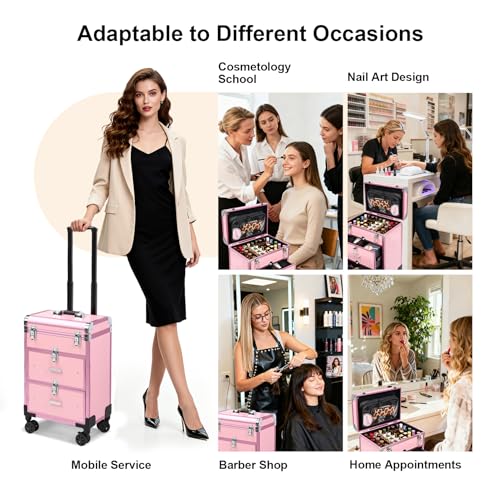 3 in 1 Rolling Makeup Case, Professional Cosmetology Case on Wheels, Detachable Clear Makeup Bag & Nail Polish Organizer, Portable Makeup Trolley with Drawers for Makeup Artists & Nail Technicians - color: Pink