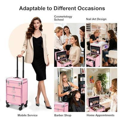 3 in 1 Rolling Makeup Case, Professional Cosmetology Case on Wheels, Detachable Clear Makeup Bag & Nail Polish Organizer, Portable Makeup Trolley with Drawers for Makeup Artists & Nail Technicians - color: Pink