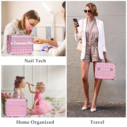 Makeup Case Organizer,Makeup Train Case, Trays Cosmetic Box Portable, Profesional for Salon Barber,Pink - color: Pink