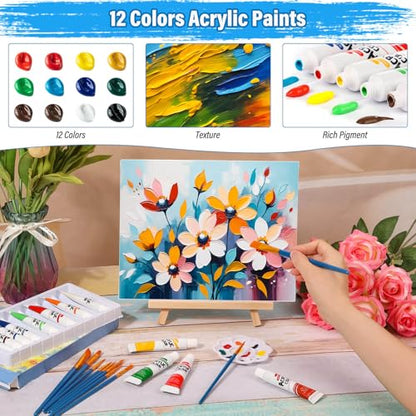 shynek 66 Pack Canvases with Easel Set, 8 x 10 Inch Canvas Boards with Wooden Easels, Acrylic Paint, Paint Brushes Canvas Panel Painting Kit for Beginners Art Crafts Sip and Paint Party - color: 12 Colors Acrylic Paints