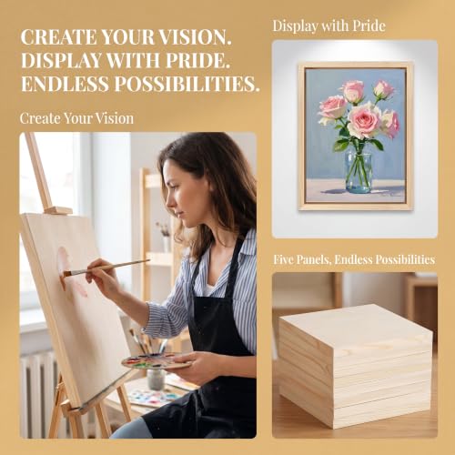 12x16 Inch Wood Panel Boards, 5 Pack Unfinished Wood Frames for Crafts, Wooden Painting Boards with 2 Fine Detail Brushes for Acrylic, Oil Painting and DIY Art Projects